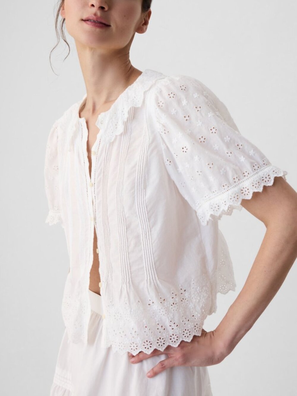 GAP x Doen - White Eyelet Cotton Blouse with Scalloped Collar - large